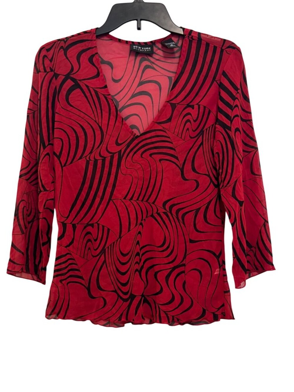 New York & Company blouse Red Sheer V-Neck Blouse 3/4 Sleeve Size M